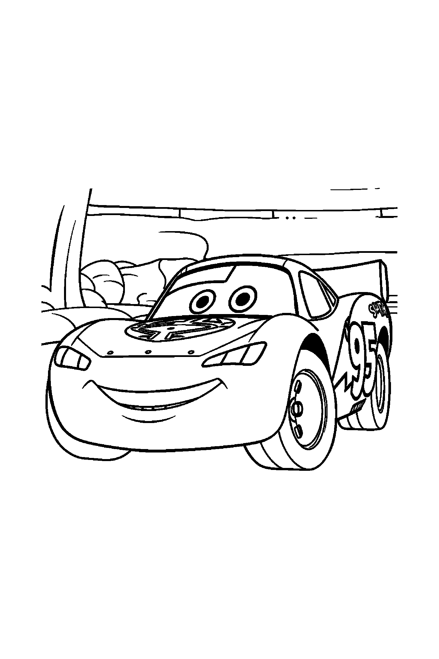 Coloriage Cars gratuit à imprimer : Martin qui montre un drapeau à damier sans texte avec un bras bien attaché au corps