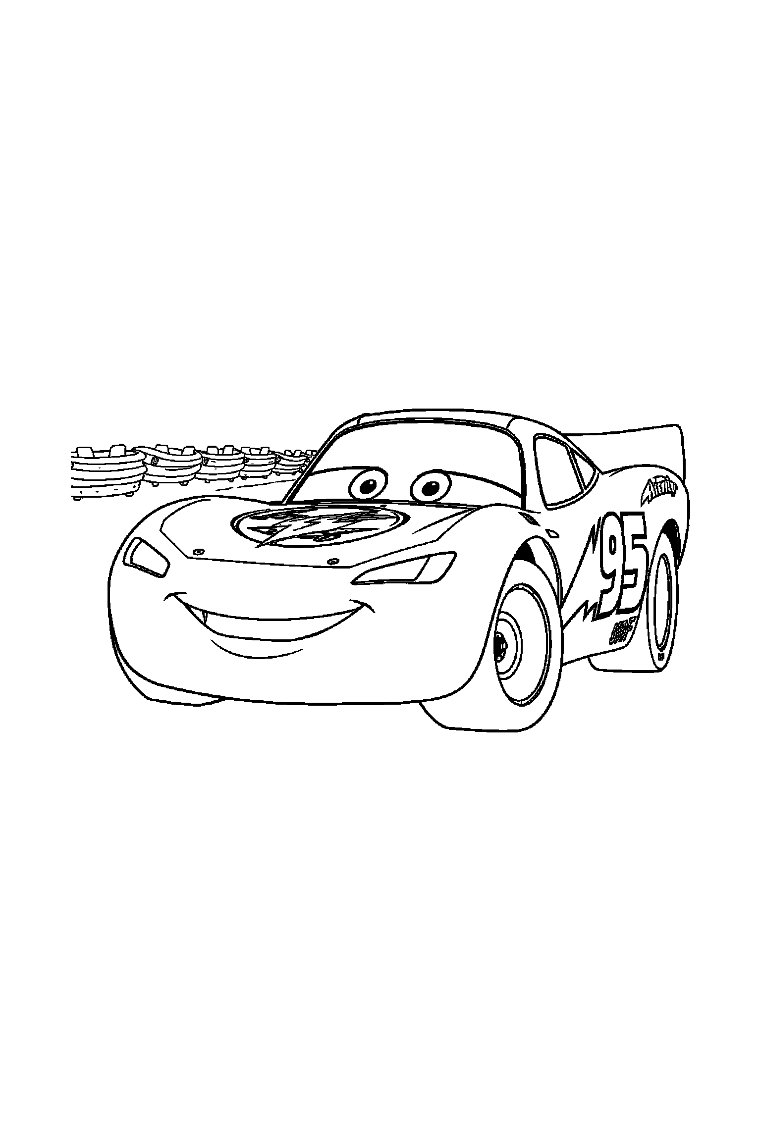 Coloriage Cars gratuit à imprimer : Flash McQueen dans une piste de course avec plusieurs détails
