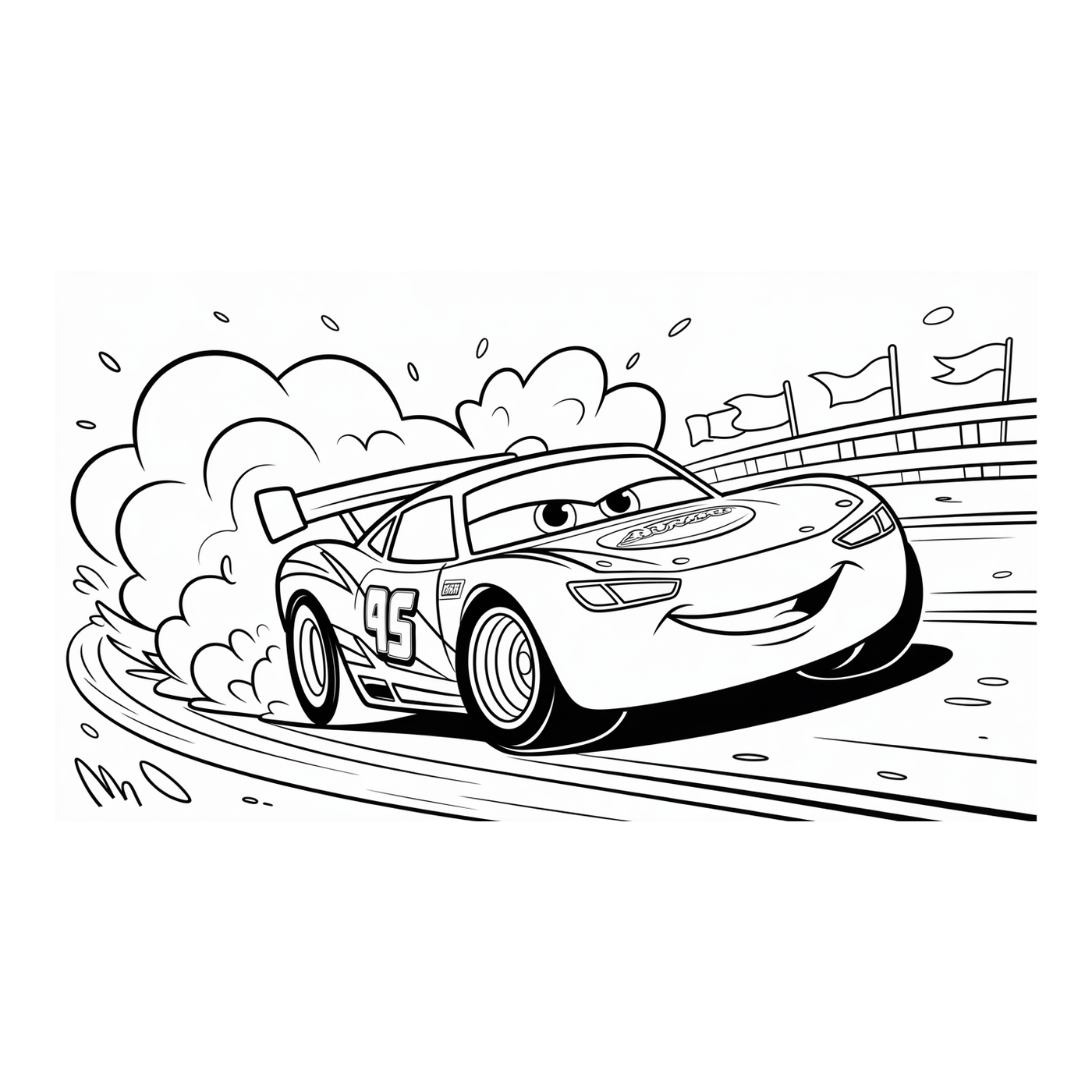 Coloriage Cars gratuit à imprimer : voiture de course sur la piste