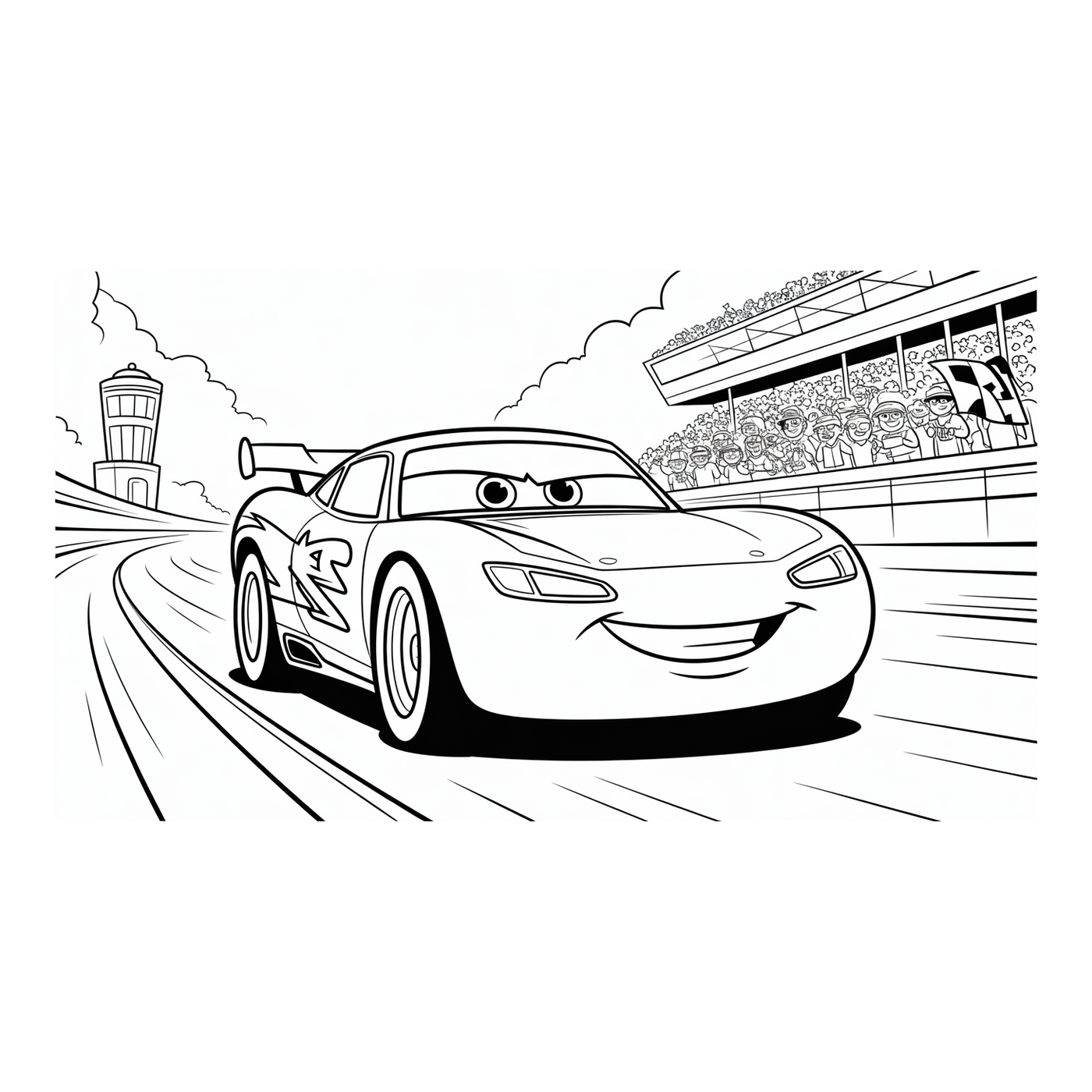 Coloriage Cars gratuit à imprimer : Flash McQueen devant les stands