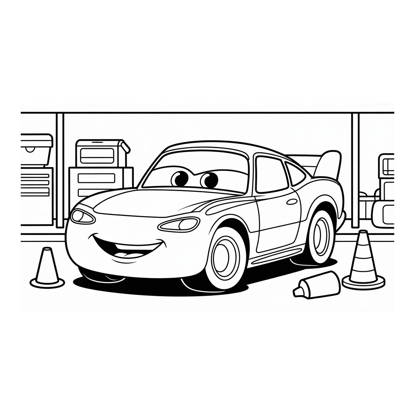 Coloriage Cars gratuit à imprimer : voiture souriante sur la route
