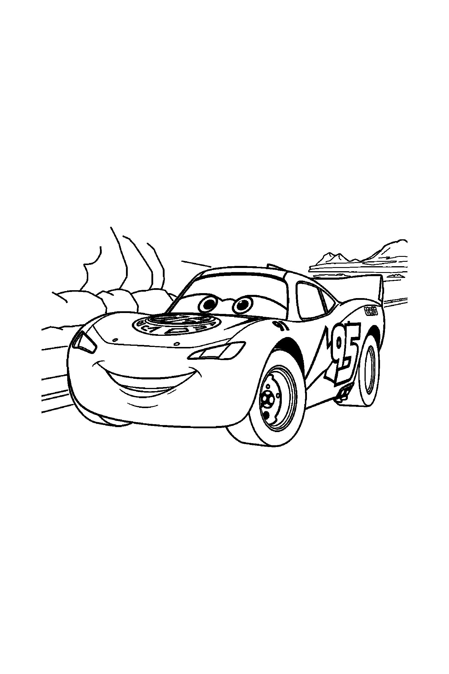Coloriage Cars gratuit à imprimer : un camion souriant entouré de nuages et petits détails
