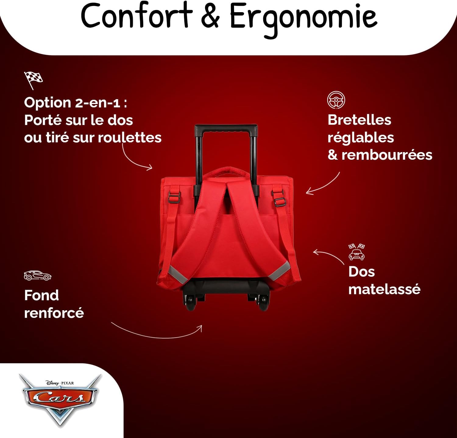 Cartable à roulettes Cars Flash McQueen 38 cm grand rangement rouge – Image 4