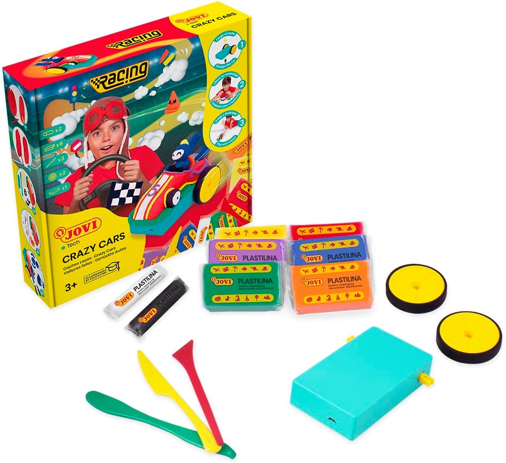 Kit Racing JOVITECH Crazy Cars Jovi en plastilina 330gr avec 3 modeleurs, batterie et roues JT101 – Image 2
