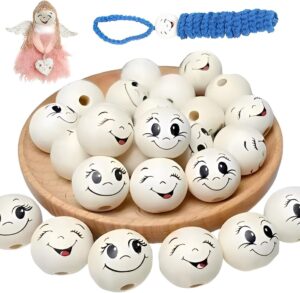 Perles en bois 20 mm à visage souriant, 80 pièces, 8 styles