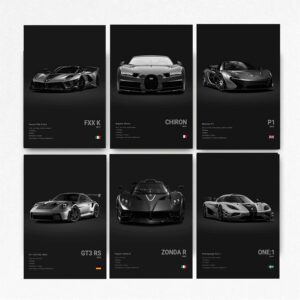 Lot de 6 affiches Cars FXXK, Chiron, P1, 911GT3 RS, Zonda R et One en papier cartonné