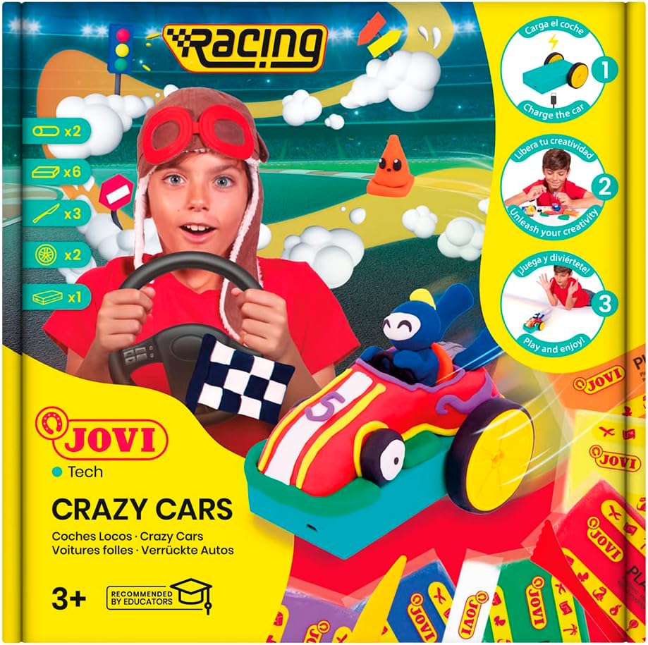 Kit Racing JOVITECH Crazy Cars Jovi en plastilina 330gr avec 3 modeleurs, batterie et roues JT101