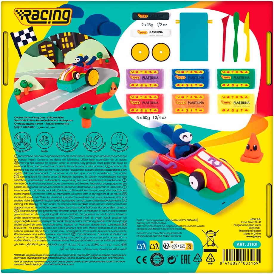 Kit Racing JOVITECH Crazy Cars Jovi en plastilina 330gr avec 3 modeleurs, batterie et roues JT101 – Image 3