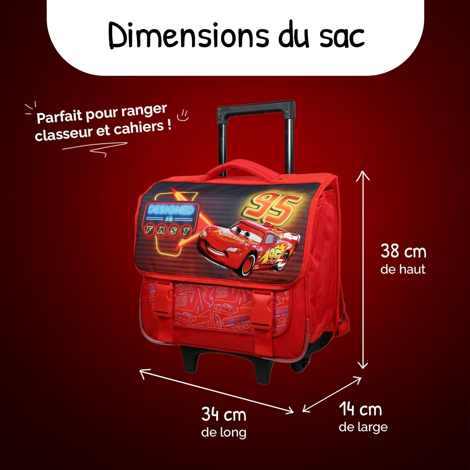 Cartable à roulettes Cars Flash McQueen 38 cm grand rangement rouge – Image 3
