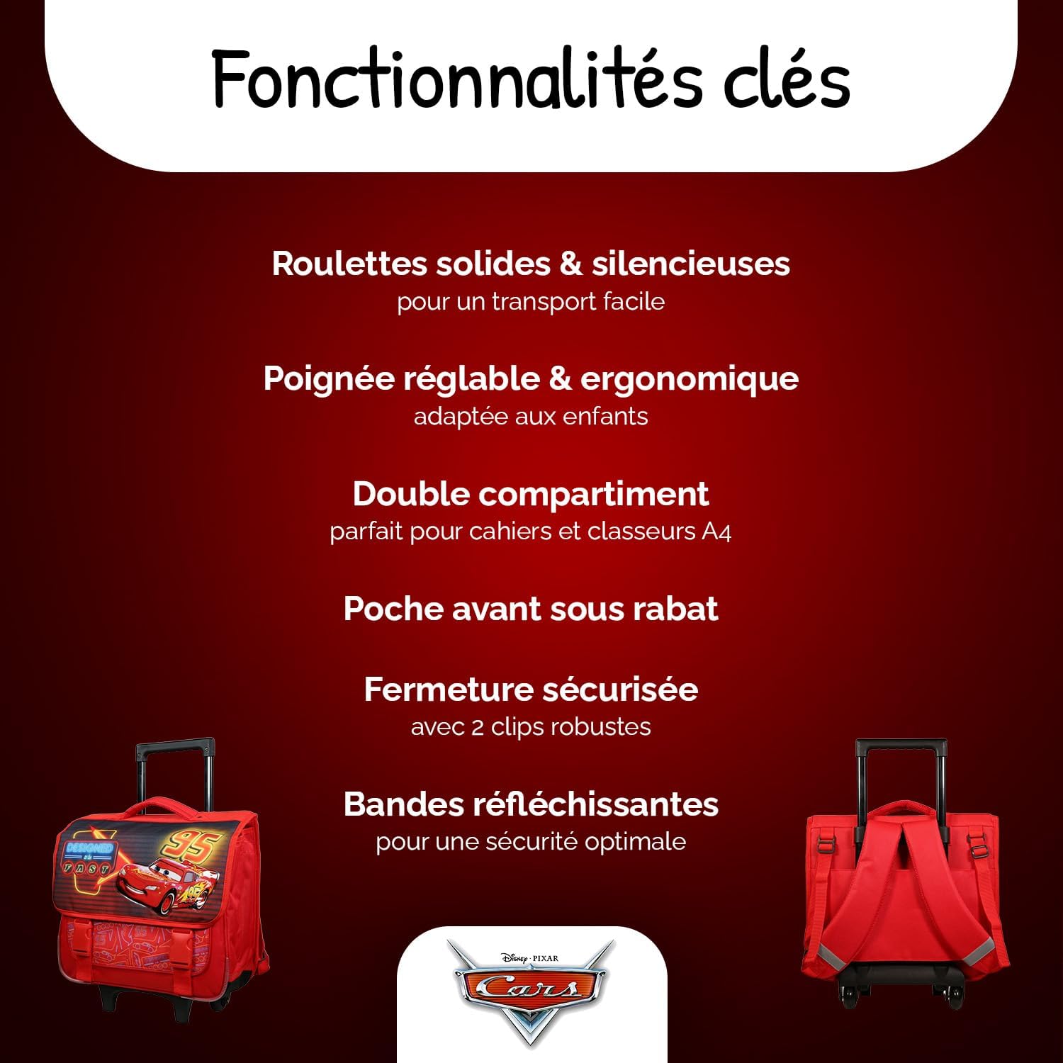Cartable à roulettes Cars Flash McQueen 38 cm grand rangement rouge – Image 2