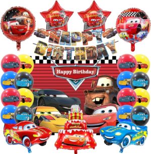 Kit anniversaire Cars 25 pièces avec bannière et nappe rouge