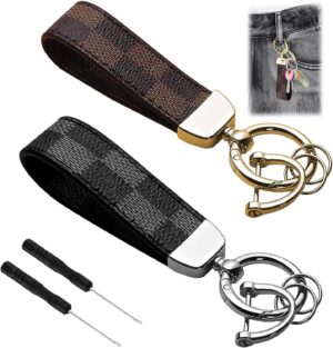 Lot de 2 porte-clés Cars en cuir et tissu écossais noir et brun