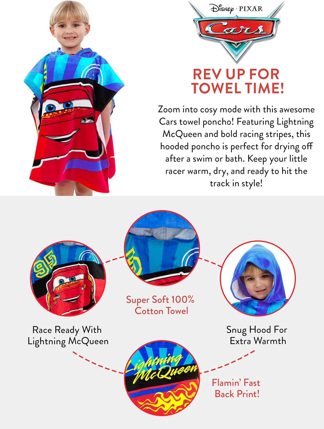 Poncho-serviette Disney Cars rouge à capuche Lightning McQueen 95 – Image 6