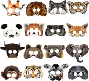 Masques animaux jungle pour enfant avec corde élastique, lot de 16
