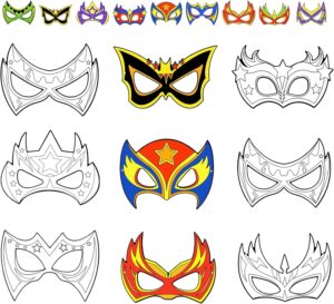 Masques Super Héros enfant à colorier en papier, 9 pièces