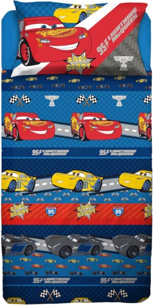 Parure de lit simple Disney Cars en 100% coton avec drap plat et taie