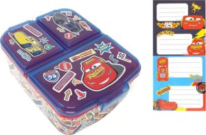 Boîte à déjeuner enfant Cars avec 3 compartiments et autocollant nom