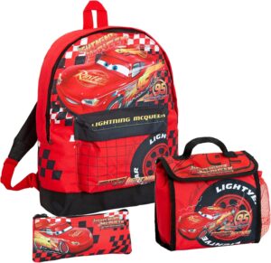 Ensemble Disney Cars Flash McQueen rouge avec sac à dos, sac à déjeuner et trousse 3 pièces