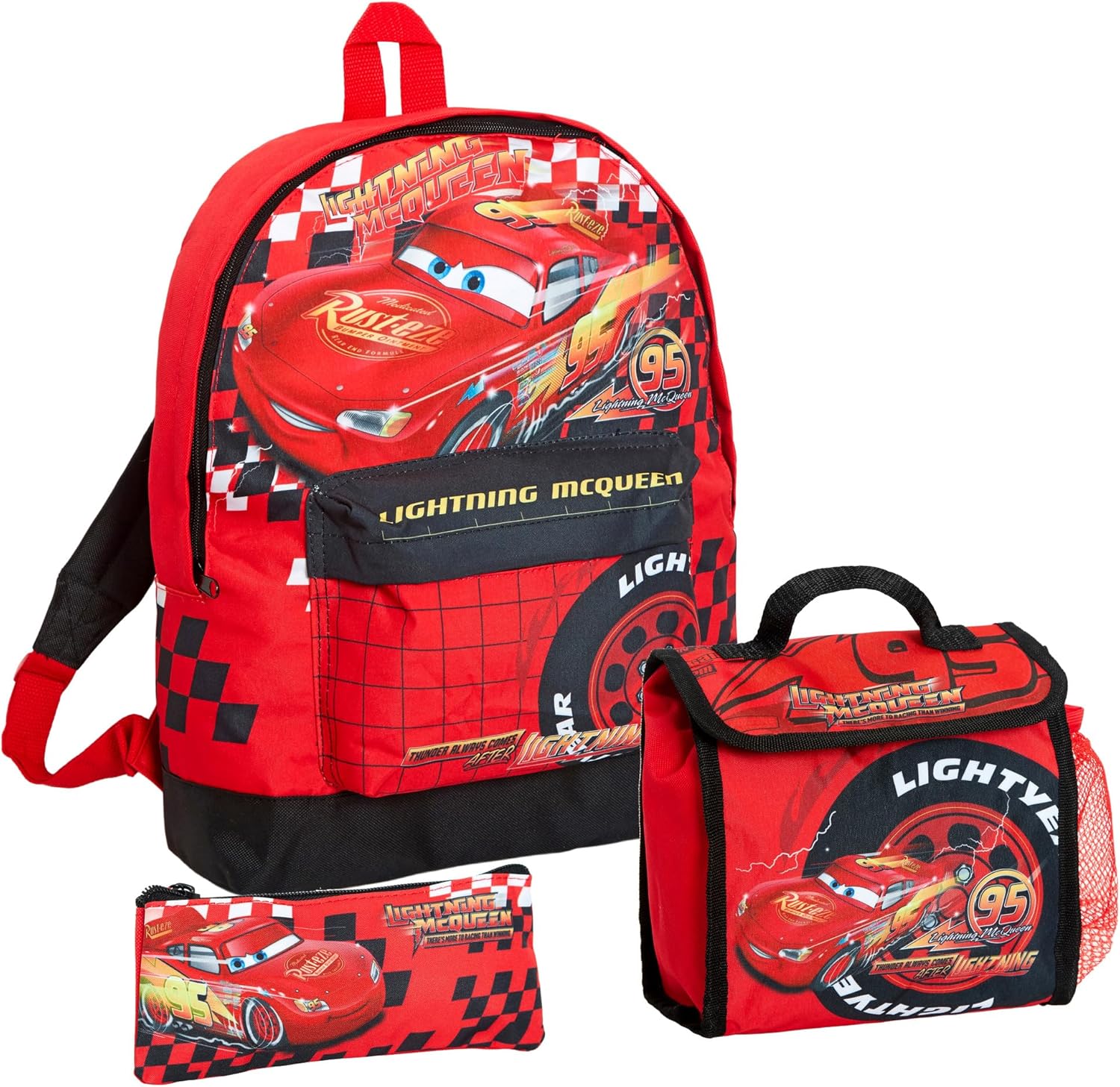 Ensemble Disney Cars Flash McQueen rouge avec sac à dos, sac à déjeuner et trousse 3 pièces
